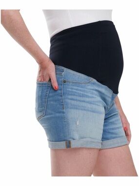 Ingrid & Isabel Light Blue Denim Maternity Shorts with Black Overband Midi Short